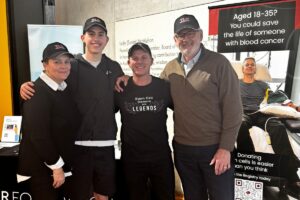 Dr Sam Milliken, Neil, Annabel Horne and her son Robbie in TLR caps