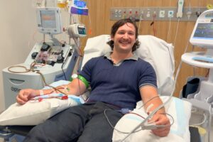 Stefan smiling during stem cell donation at Concord Hospital